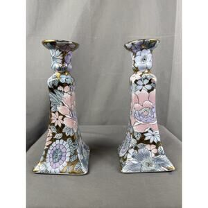 Vintage Toyo Golden Peony HFP Macau Hand Painted Candlestick Holders Set of 2